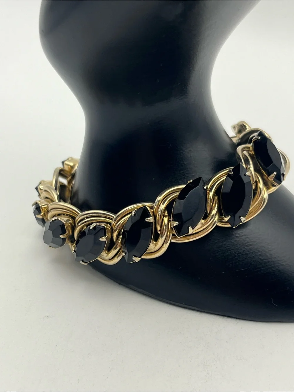 Dark navette rhinestone gold tone chunky link vintage bracelet